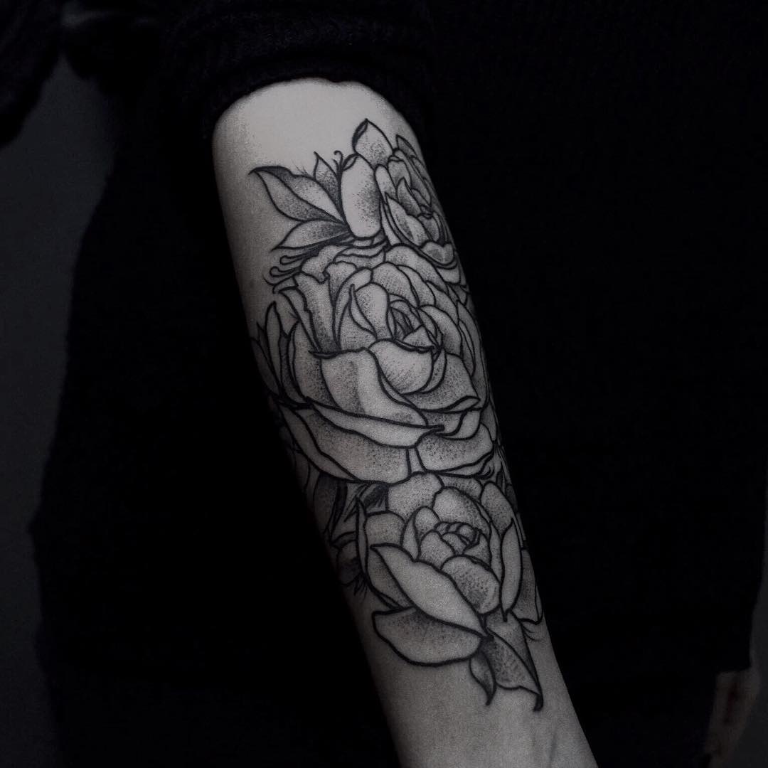 Cool Black Outline Peony Flowers Tattoo Design For Sleeve