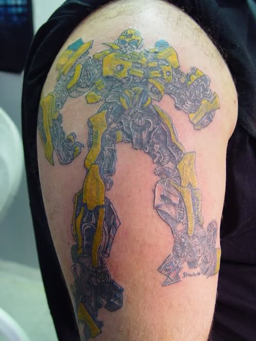 Cool Bumblebee Transformer Tattoo On Right Half Sleeve