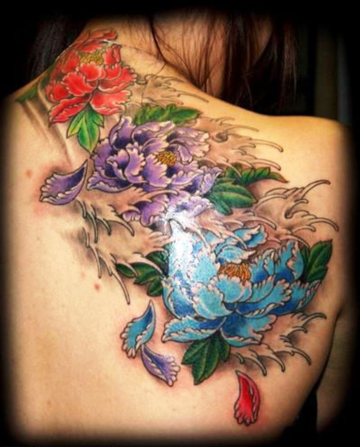 Cool Colorful Peony Flowers Tattoo On Girl Upper Back