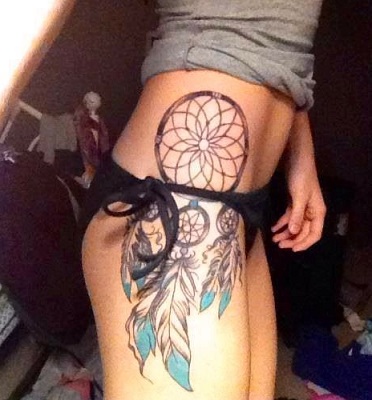Cool Dreamcatcher With Feathers Tattoo On Right Hip