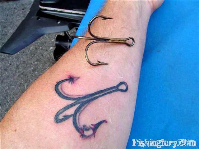 Cool Fishing Anchor Hook Tattoo On Left Forearm