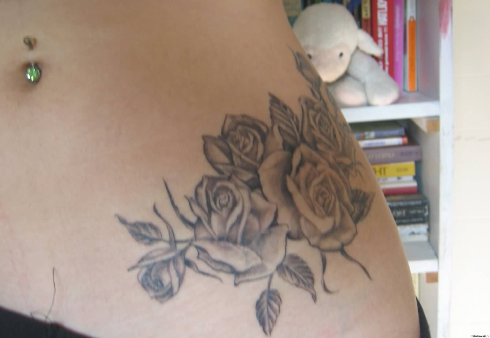 Cool Grey Ink Roses Tattoo On Girl Left Hip