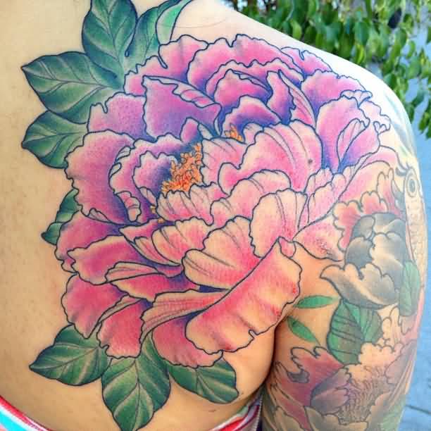 Cool Peony Flower Tattoo On Right Back Shoulder