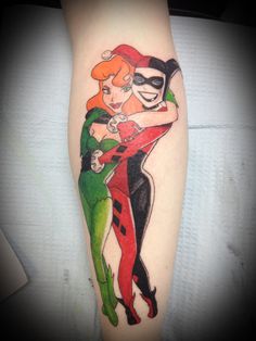 Cool Poison Ivy With Harley Quinn Tattoo Design For Leg Calf
