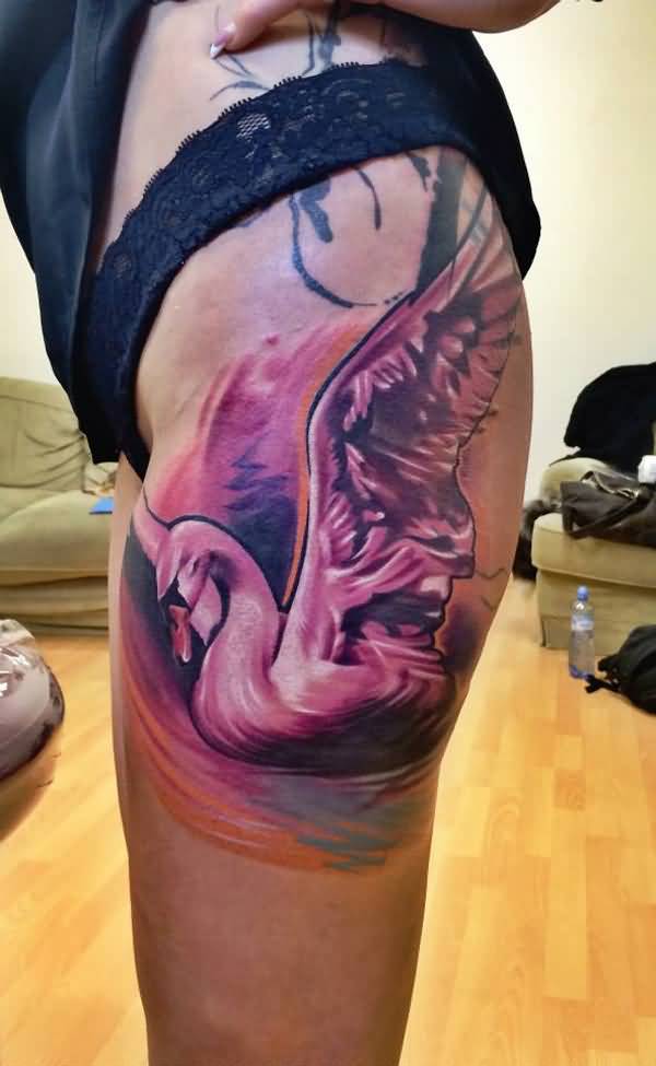 Cool Swan Tattoo On Girl Left Hip