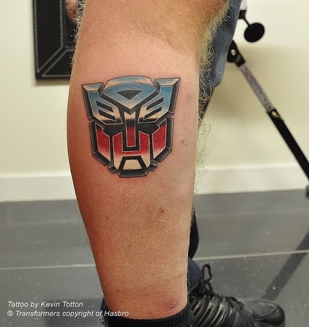 Cool Transformer Symbol Tattoo On Right Leg Calf