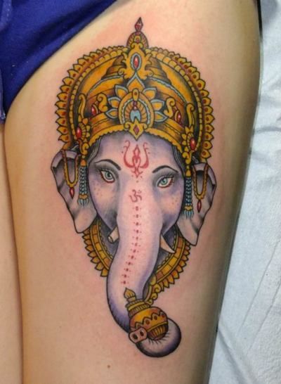 Cute Ganesha Head Tattoo On Left Thigh