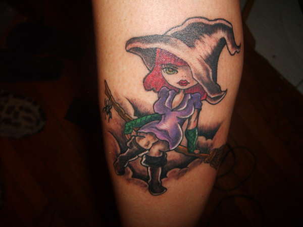 Cute Witch Girl Tattoo On Leg