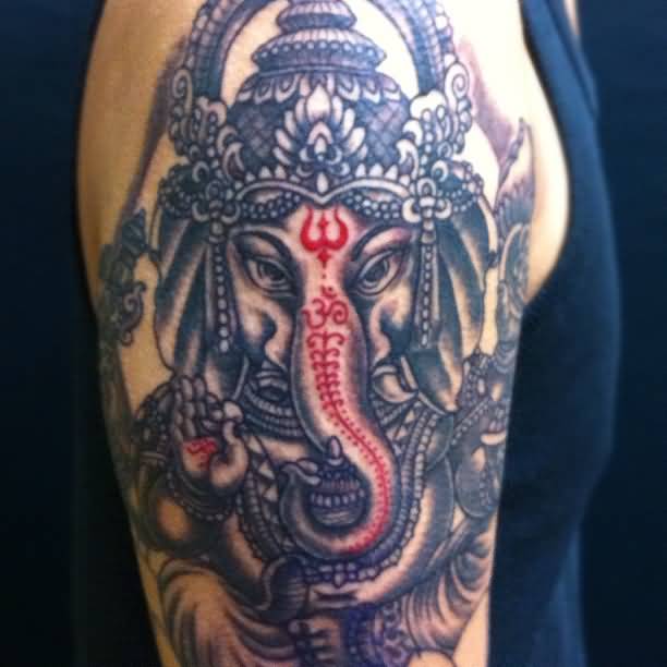 Dark Grey Ganesha Tattoo On Right Half Sleeve