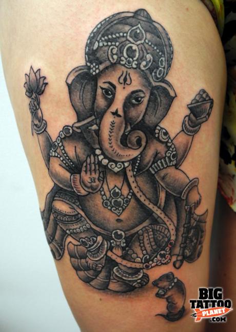 Dark Ink Ganesha Tattoo On Thigh