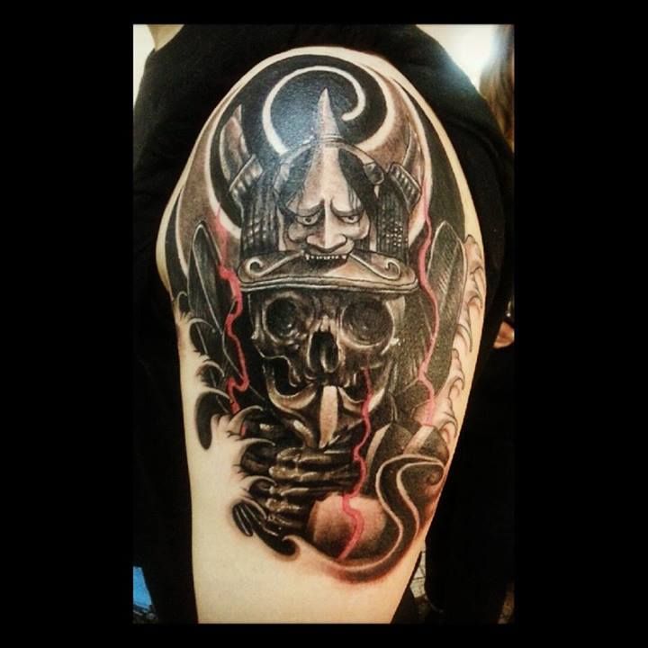 Dark Ink Hannya Tattoo On Left Shoulder