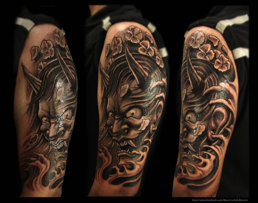 Dark Ink Hannya Tattoo On Left Sleeve For Men