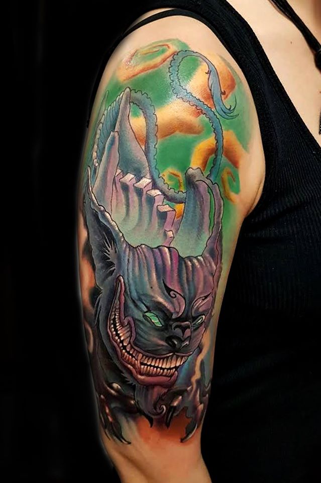 Devil Cheshire Cat Tattoo On Right Half Sleeve by Fernando Puedmag