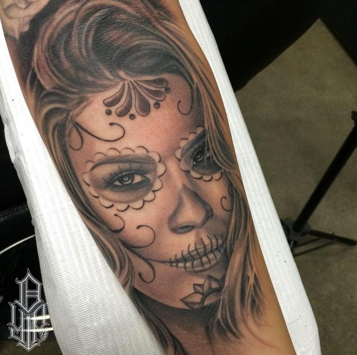 Dia De Los Muertos Girl Head Tattoo by Dustin Yip