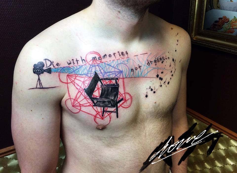 Die With Memories Not Dreams Abstract Tattoo On Man Chest by George Drone