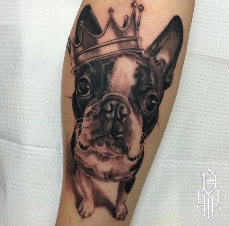 Dog With Crown Tattoo On Leg by Dustin Yip