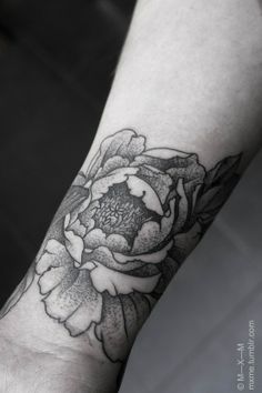 Dotwork Black And Grey Peony Flower Tattoo Design For Wrist