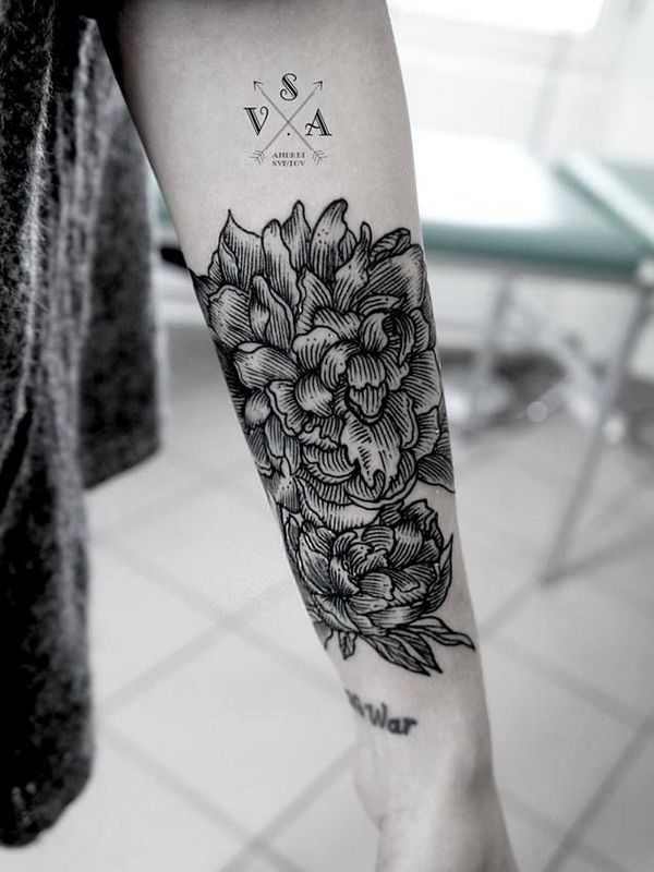 Dotwork Black And Grey Peony Flowers Tattoo On Left Forearm