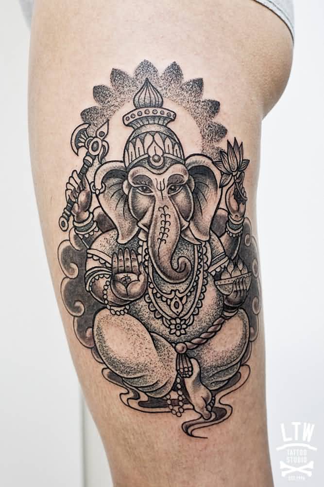 Dotwork Ganesha Tattoo On Side Leg