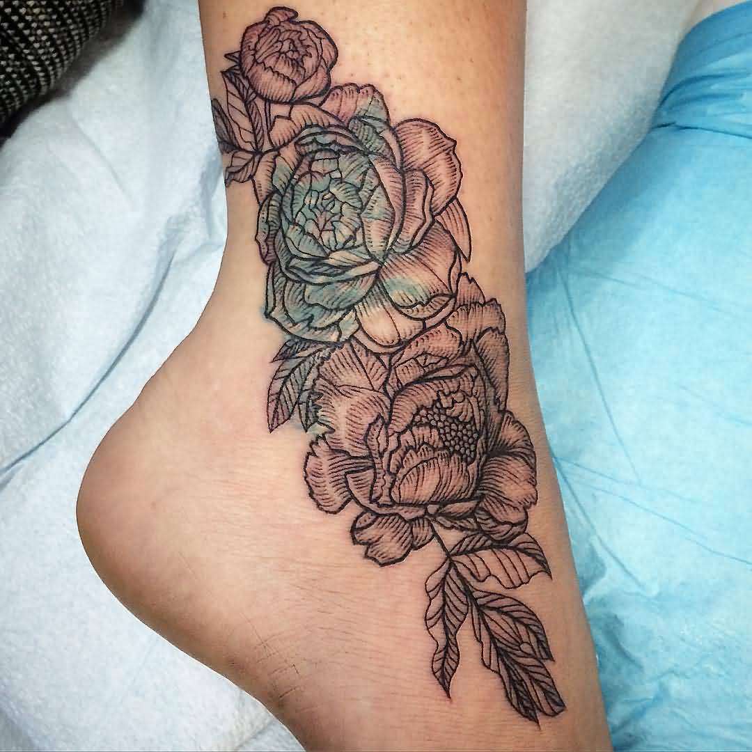 Dotwork Peony Flowers Tattoo On Ankle