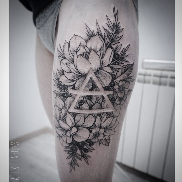Dotwork Peony Flowers Tattoo On Girl Left Thigh