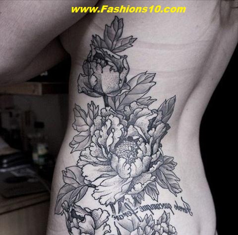 Dotwork Peony Flowers Tattoo On Left Side Rib
