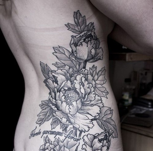 Dotwork Peony Flowers Tattoo On Right Side Rib
