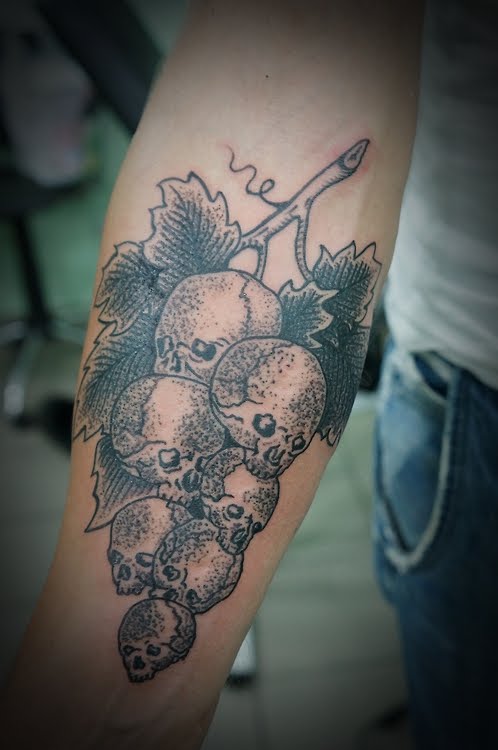 Dotwork Skull Grapes Tattoo On Forearm