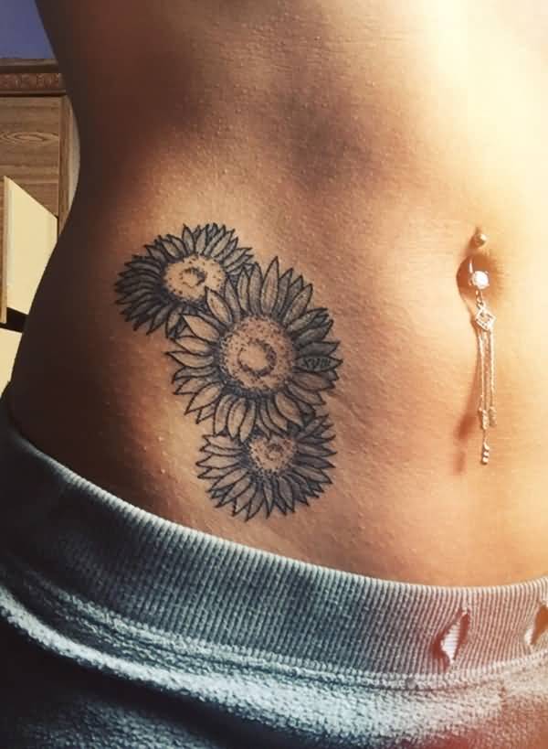 Dotwork Sunflowers Tattoo On Girl Right Hip