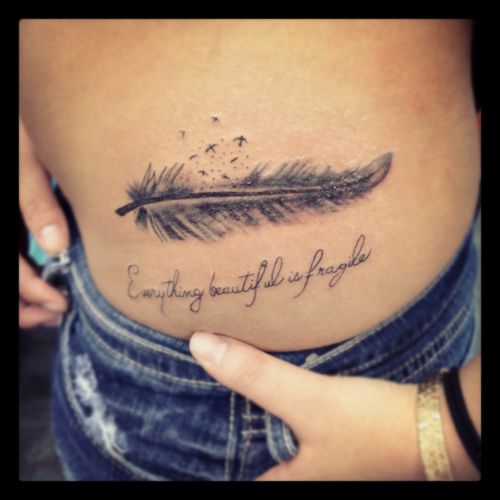 Everything Beautiful Is Fragile - Feather Tattoo On Girl Left Hip