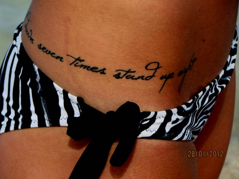 Fall Seven Times Stand Up Eight Words Tattoo On Girl Right Hip