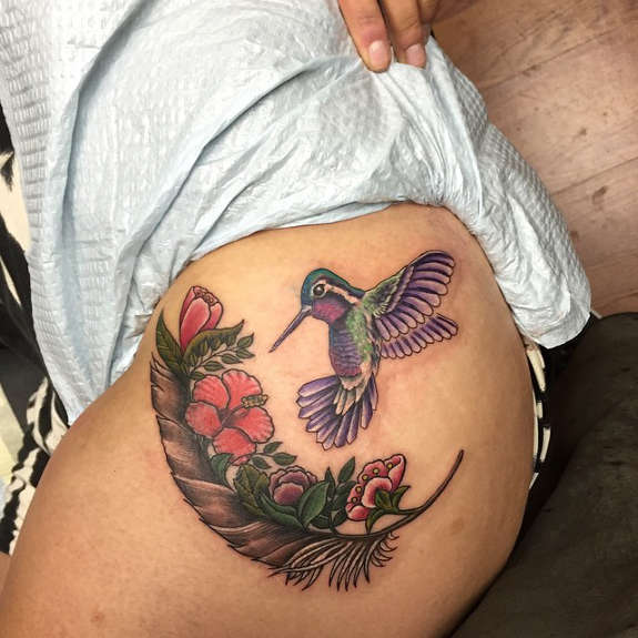 Feather With Flowers And Flying Bird Tattoo On Left Hip
