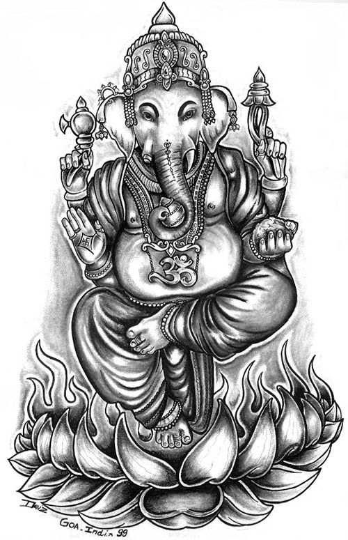 Flaming Lotus Flower And Ganesha Tattoo Design