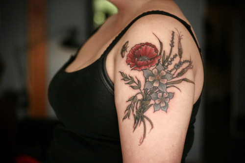 Flower With Wheat Tattoo On Girl Left Shoulder