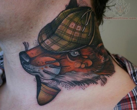 Fox Head With Pipe Tattoo Design For Man Side Neck