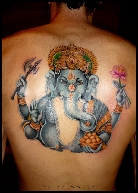 Full Back Color Ganesha Tattoo For Men