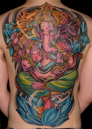 Full Back Colored Ganesha Tattoo