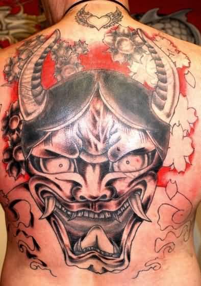 Full Back Grey Ink Hannya Tattoo