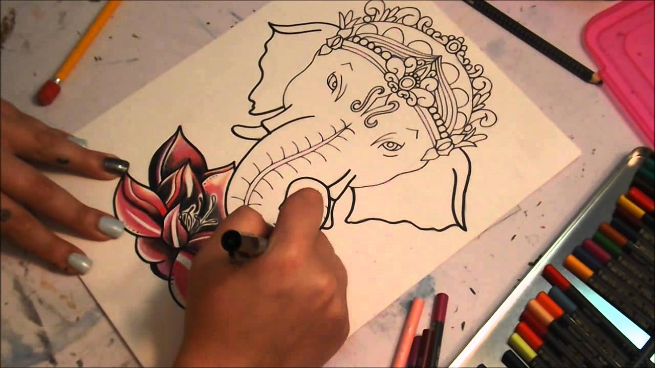 Ganesha And Lotus Flower Tattoo Design