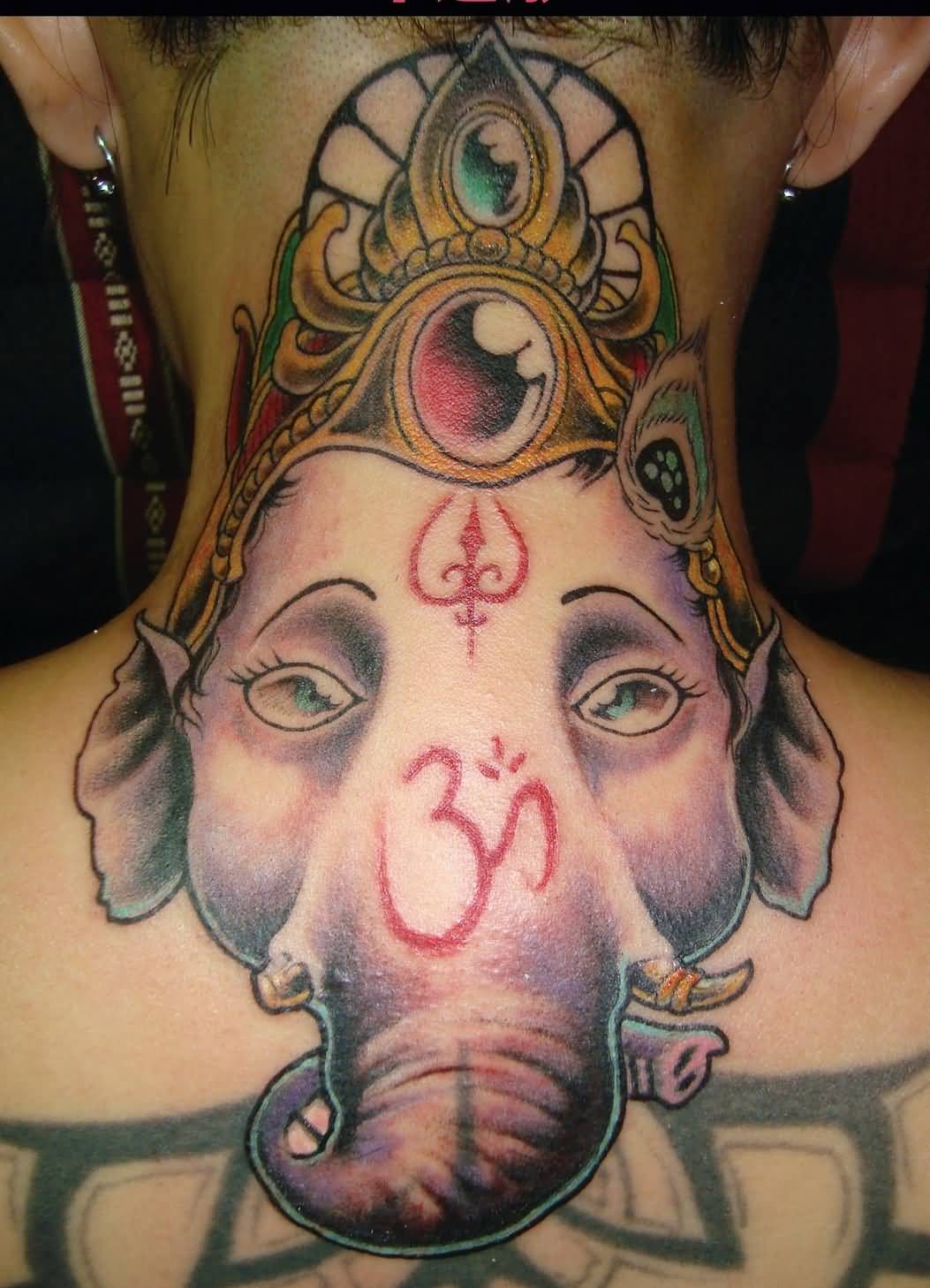 Ganesha Head Tattoo On Back Neck