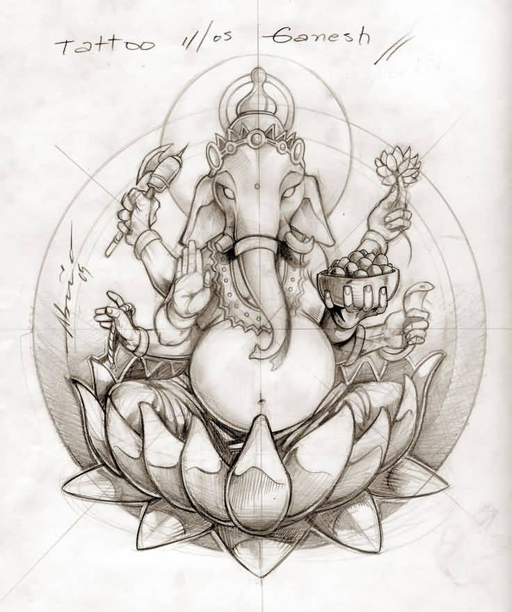 Ganesha On Lotus Tattoo Design Idea