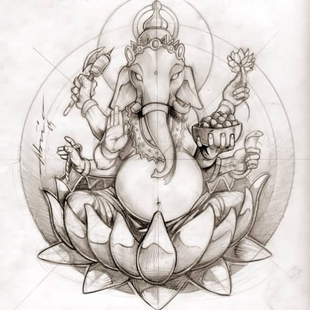 Ganesha Sit In Lotus Flower Tattoo Design