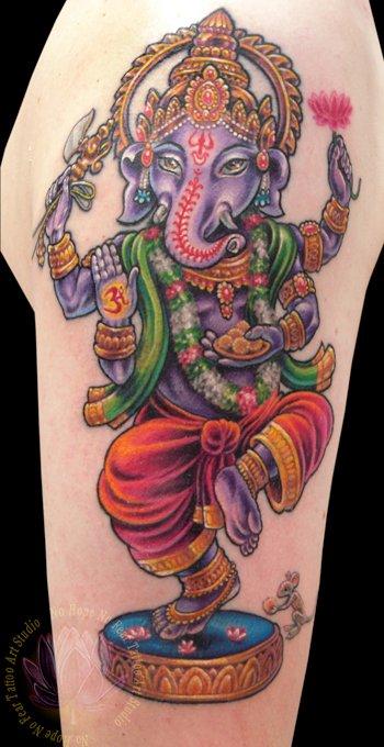 Ganesha Stand On One Leg Tattoo On Half Sleeve