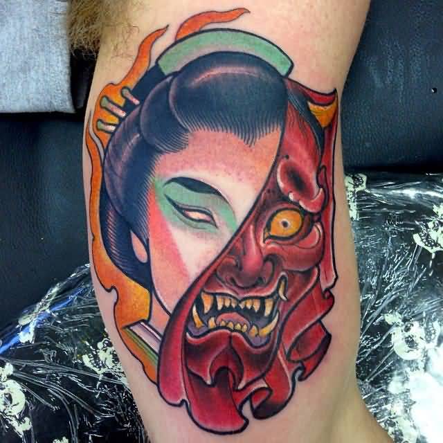 Geisha Girl With Hannya Mask Tattoo On Bicep