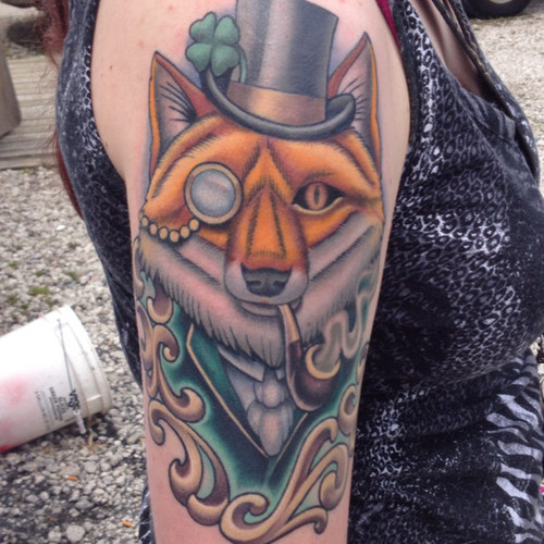 Gentleman Fox Smoking Pipe Tattoo On Girl Right Half Sleeve