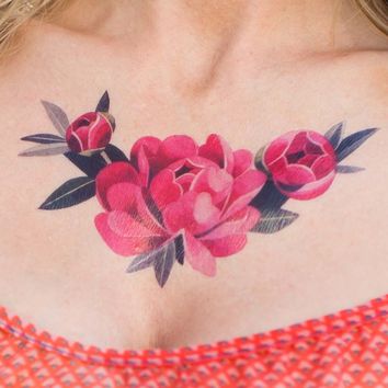 Geometric Peony Flowers Tattoo On Girl Collar Bone