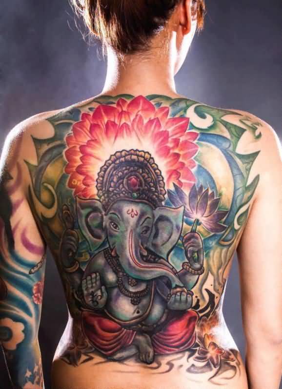 Girl Full Back Ganesha On Lotus Tattoo