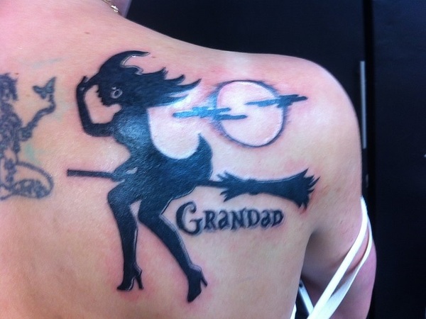Grandad Lettering And Witch Tattoo On Right Back Shoulder