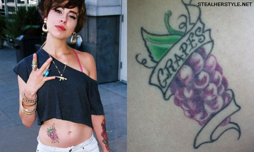 Grapes With Banner Tattoo On Girl Stomach