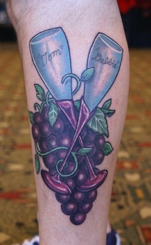 Grapes With Two Wine Glass Tattoo On Left Leg Calf